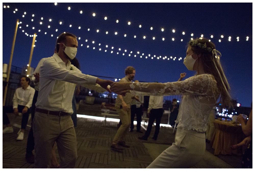 Bride and Groom in Masks, Covid Safe Micro Wedding, Brooklyn NY
